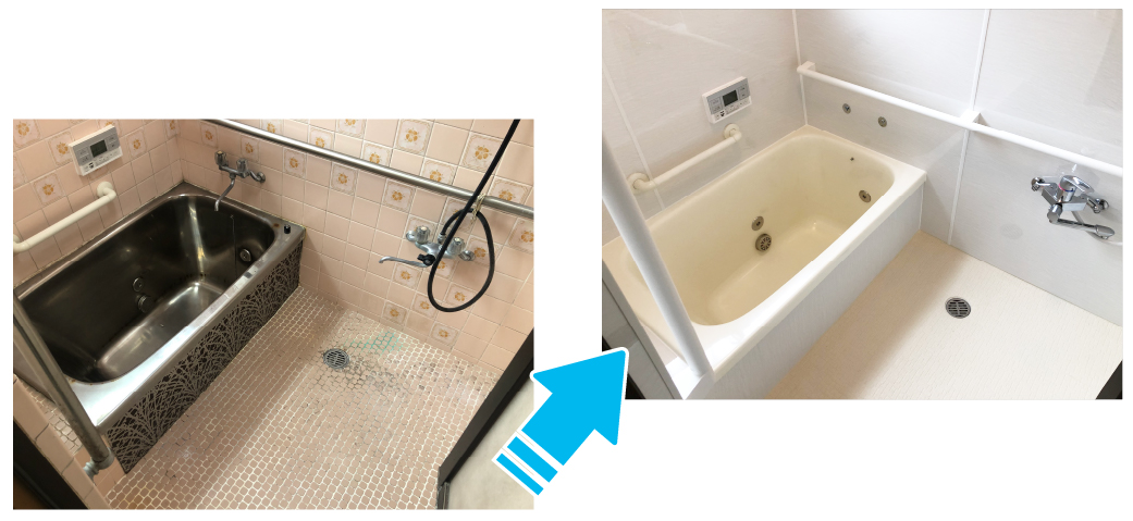 壁にパネル貼り浴槽はカラーコーティング床にバスフロアーを貼りました